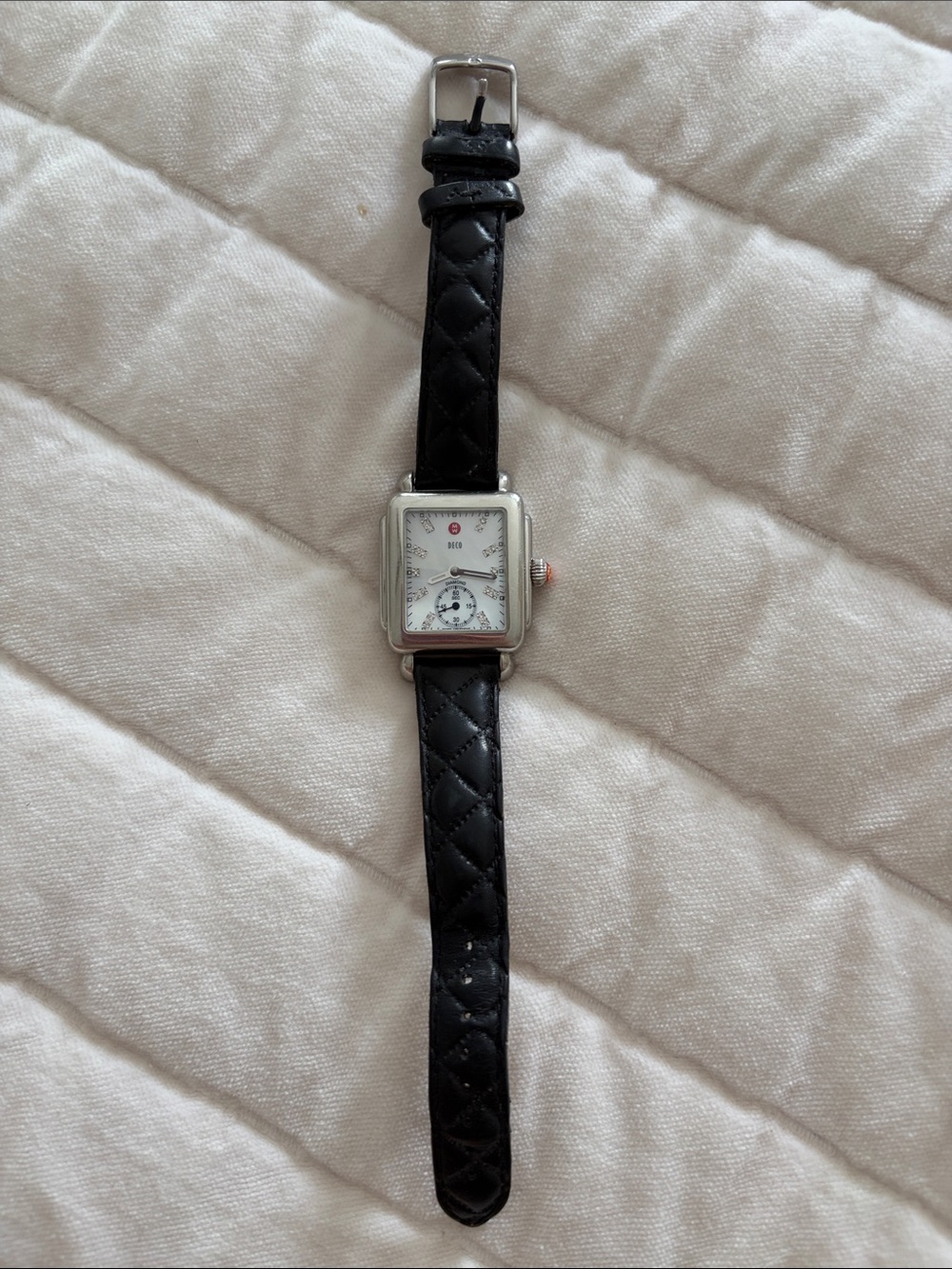 Michele Black Quilted Leather Strap Watch with Silver Square Case